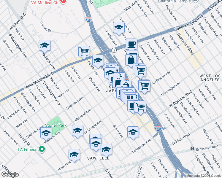 map of restaurants, bars, coffee shops, grocery stores, and more near 1854 Corinth Avenue in Los Angeles