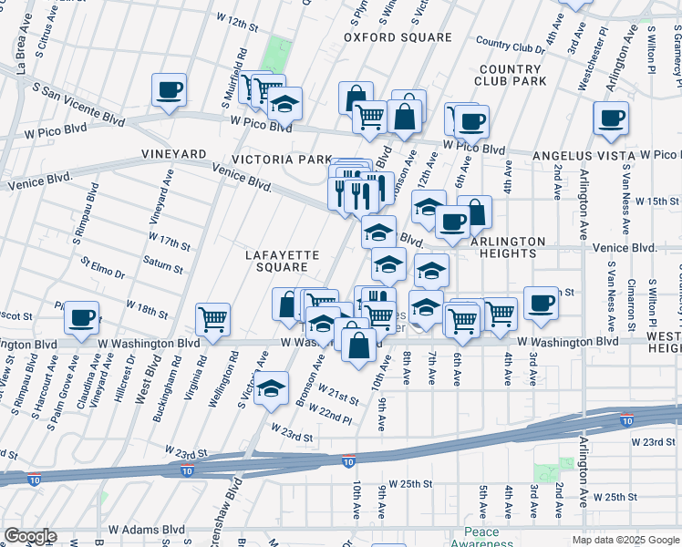 map of restaurants, bars, coffee shops, grocery stores, and more near 1732 Crenshaw Boulevard in Los Angeles