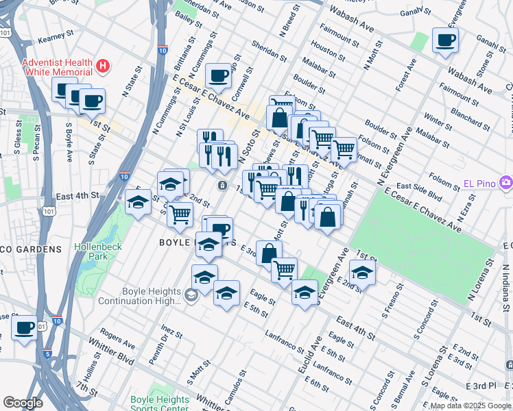 map of restaurants, bars, coffee shops, grocery stores, and more near 2522 1st Street in Los Angeles