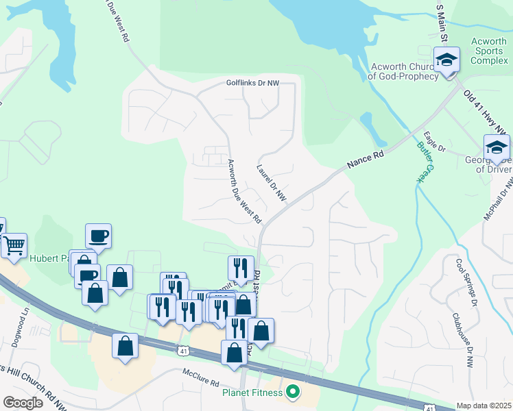map of restaurants, bars, coffee shops, grocery stores, and more near 1208 Lauren Court in Acworth