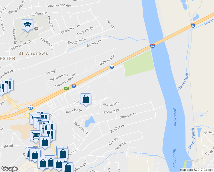 map of restaurants, bars, coffee shops, grocery stores, and more near 1701 Ashford Lane in Columbia