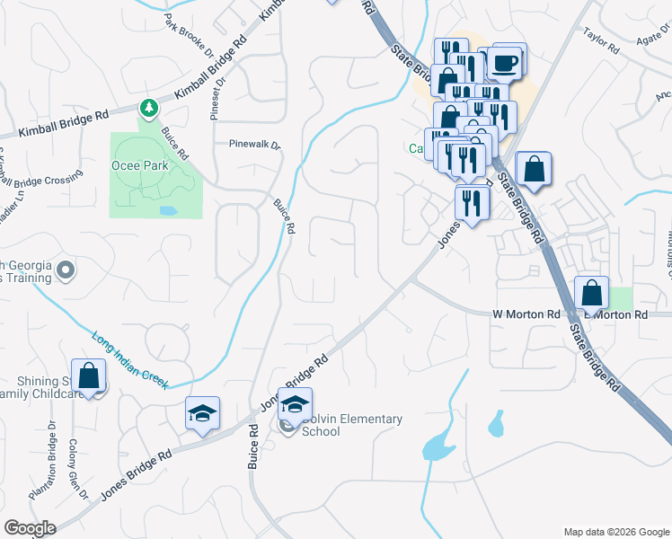 map of restaurants, bars, coffee shops, grocery stores, and more near 4505 Pinehollow Court in Alpharetta