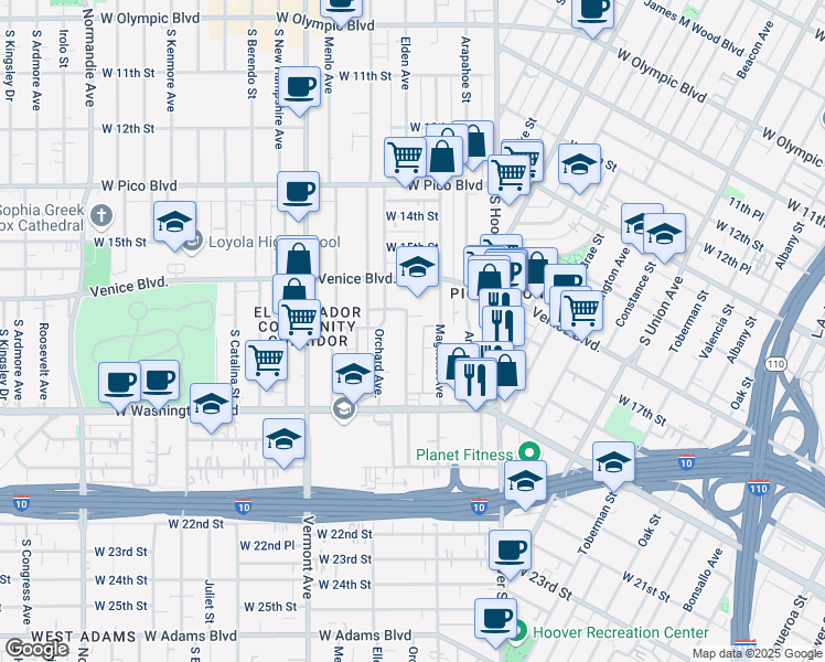 map of restaurants, bars, coffee shops, grocery stores, and more near 1719 Magnolia Avenue in Los Angeles