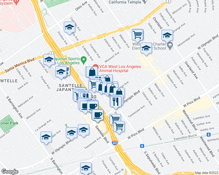 map of restaurants, bars, coffee shops, grocery stores, and more near 2031 South Bentley Avenue in Los Angeles