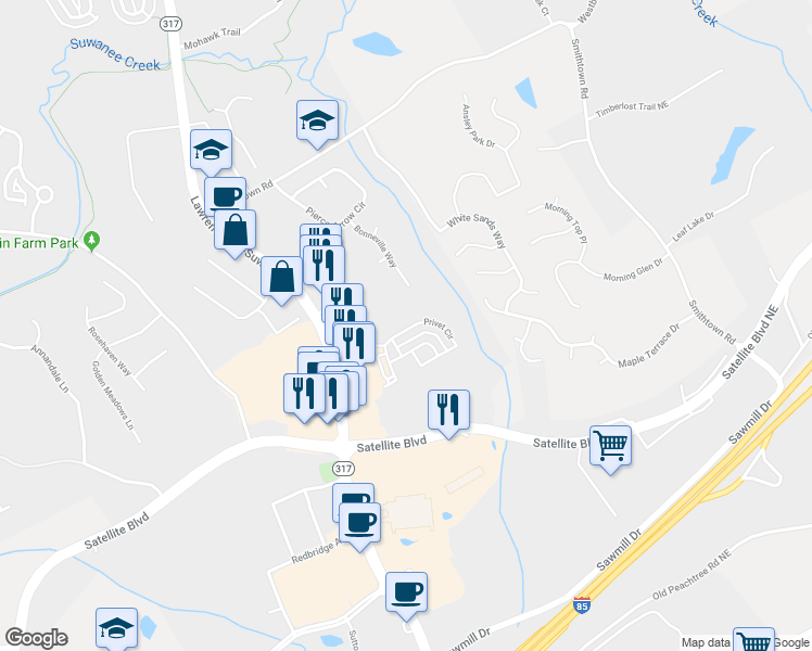 map of restaurants, bars, coffee shops, grocery stores, and more near 409 Privet Circle in Suwanee