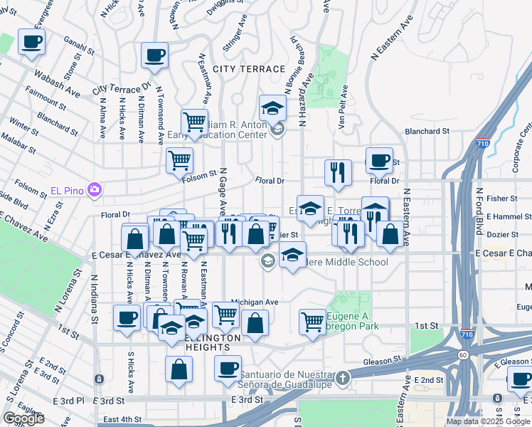 map of restaurants, bars, coffee shops, grocery stores, and more near 3905 East Hammel Street in Los Angeles