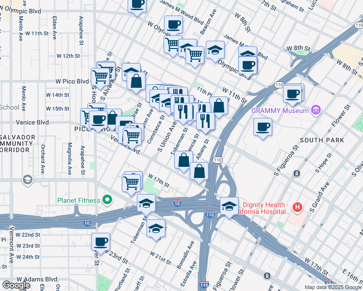 map of restaurants, bars, coffee shops, grocery stores, and more near 1356 Toberman Street in Los Angeles