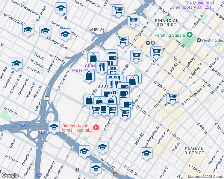 map of restaurants, bars, coffee shops, grocery stores, and more near 1100 Flower Street in Los Angeles
