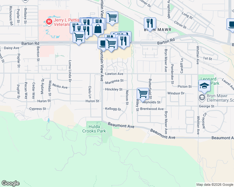map of restaurants, bars, coffee shops, grocery stores, and more near 11631 Largo Court in Loma Linda