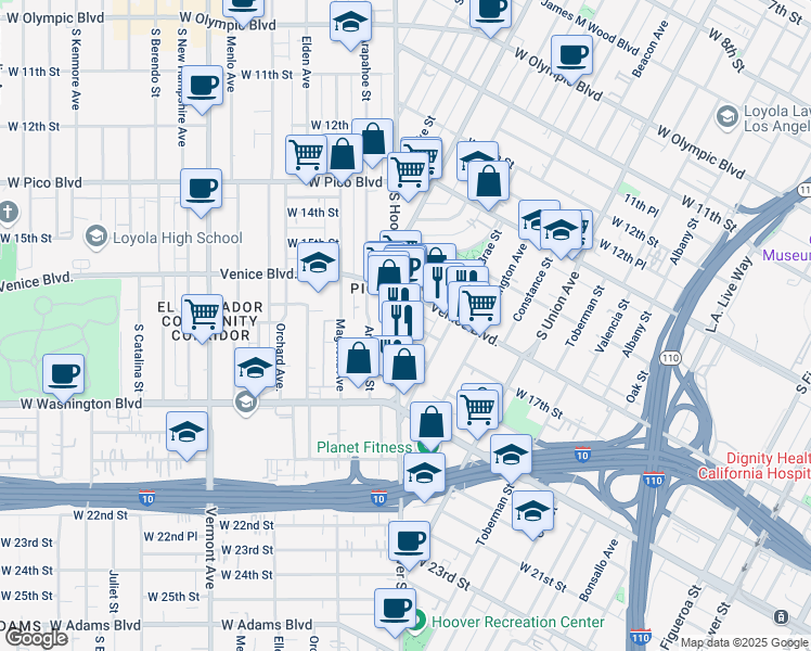map of restaurants, bars, coffee shops, grocery stores, and more near 1702 Hoover Street in Los Angeles