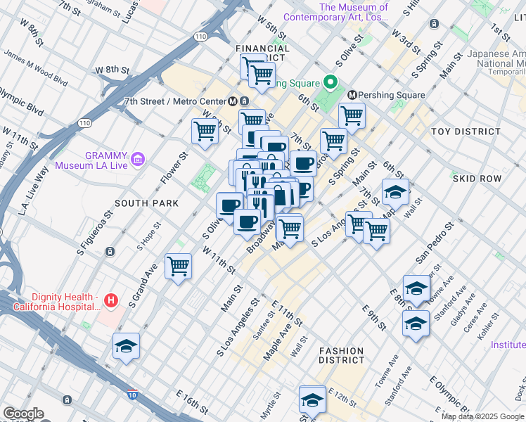 map of restaurants, bars, coffee shops, grocery stores, and more near 912 South Hill Street in Los Angeles