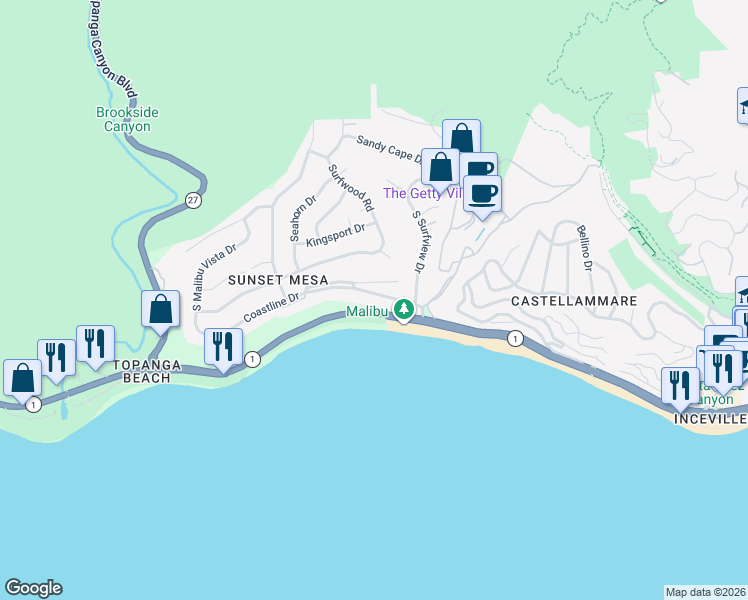 map of restaurants, bars, coffee shops, grocery stores, and more near 18074 Coastline Drive in Malibu