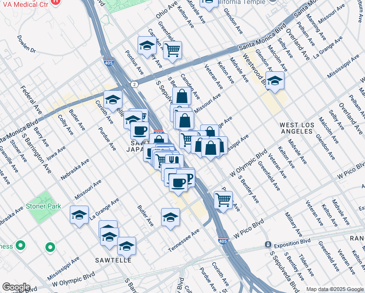 map of restaurants, bars, coffee shops, grocery stores, and more near 1954 Cotner Avenue in Los Angeles