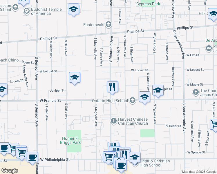 map of restaurants, bars, coffee shops, grocery stores, and more near 1706 South Mountain Avenue in Ontario