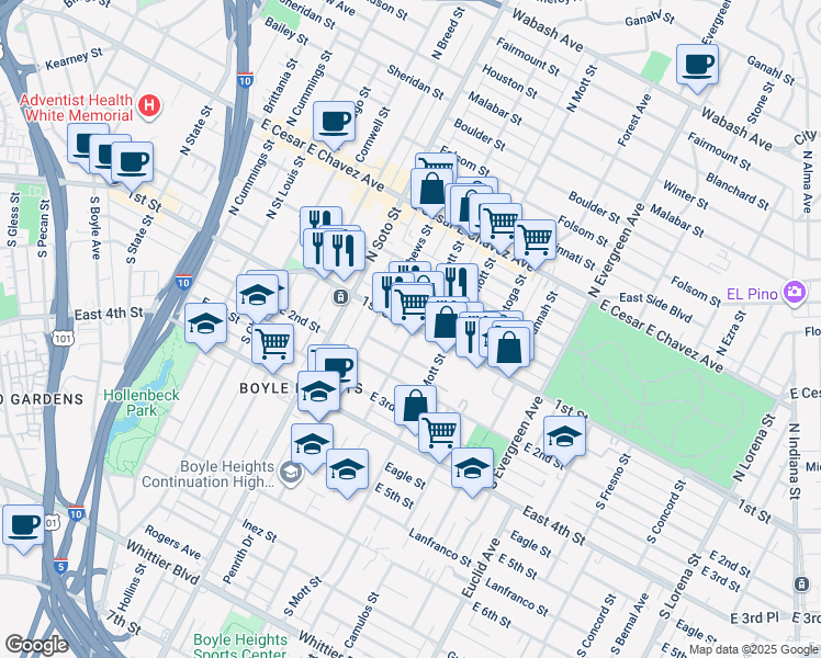 map of restaurants, bars, coffee shops, grocery stores, and more near 51 South Fickett Street in Los Angeles