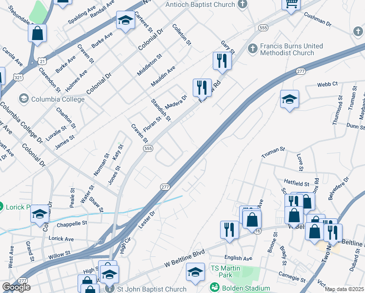 map of restaurants, bars, coffee shops, grocery stores, and more near 1713 Busby Street in Columbia