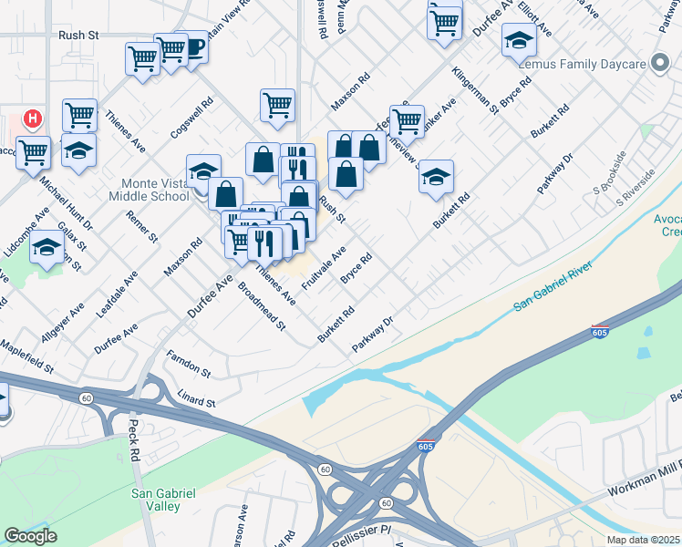 map of restaurants, bars, coffee shops, grocery stores, and more near 1911 Bryce Road in El Monte