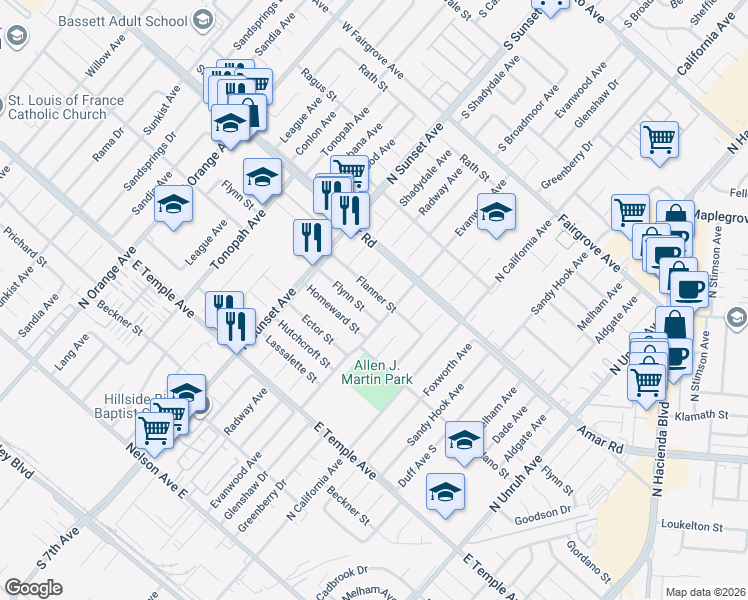 map of restaurants, bars, coffee shops, grocery stores, and more near 14726 Flanner Street in La Puente