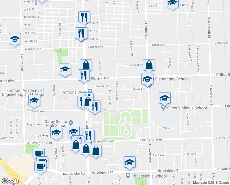 map of restaurants, bars, coffee shops, grocery stores, and more near 1607 South Palomares Street in Pomona