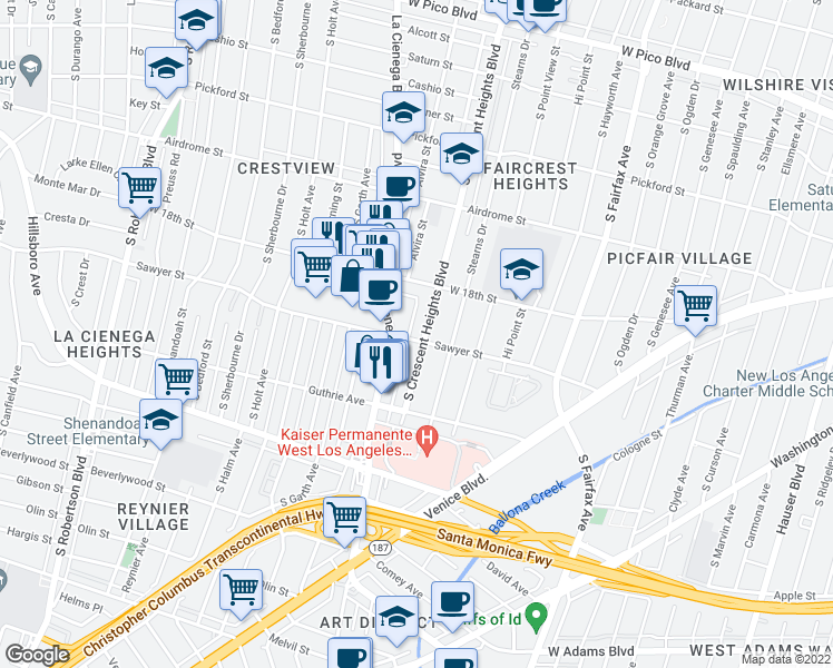 map of restaurants, bars, coffee shops, grocery stores, and more near 1859 South Crescent Heights Boulevard in Los Angeles