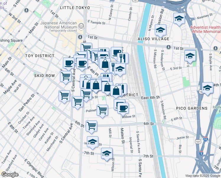 map of restaurants, bars, coffee shops, grocery stores, and more near 415 Molino Street in Los Angeles