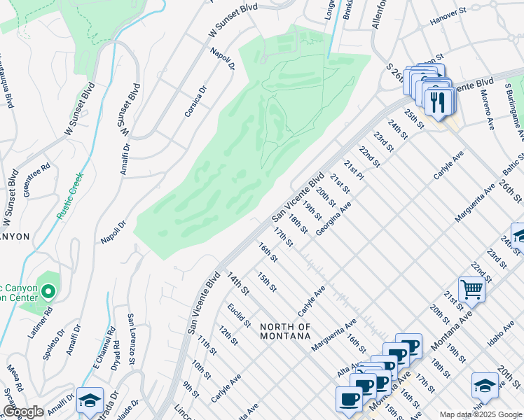 map of restaurants, bars, coffee shops, grocery stores, and more near 1707 San Vicente Boulevard in Santa Monica