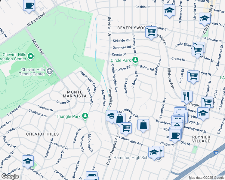 map of restaurants, bars, coffee shops, grocery stores, and more near 2345 Castle Heights Avenue in Los Angeles