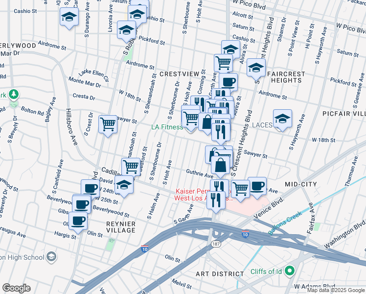 map of restaurants, bars, coffee shops, grocery stores, and more near 1919 South Corning Street in Los Angeles