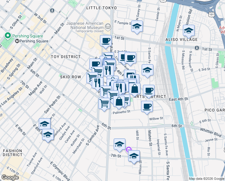map of restaurants, bars, coffee shops, grocery stores, and more near 426 Alameda Street in Los Angeles