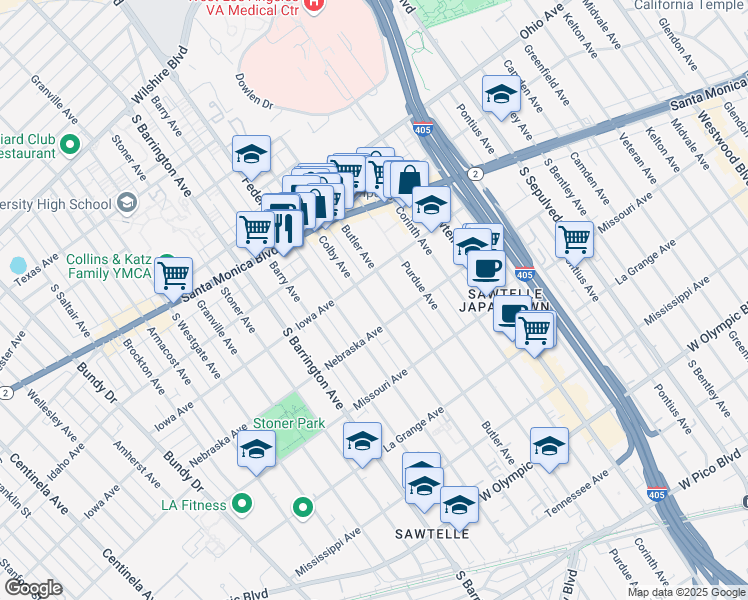 map of restaurants, bars, coffee shops, grocery stores, and more near 1724 Colby Avenue in Los Angeles