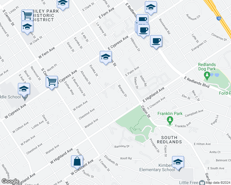 map of restaurants, bars, coffee shops, grocery stores, and more near 822 Banyan Drive in Redlands