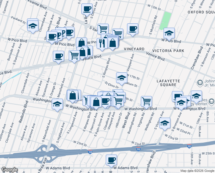 map of restaurants, bars, coffee shops, grocery stores, and more near 4710 Saint Elmo Drive in Los Angeles