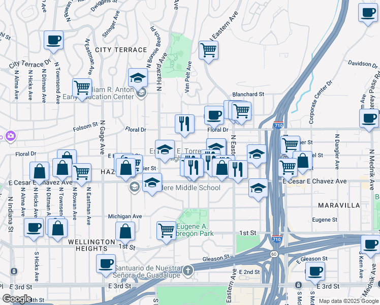 map of restaurants, bars, coffee shops, grocery stores, and more near 4121 East Hammel Street in Los Angeles