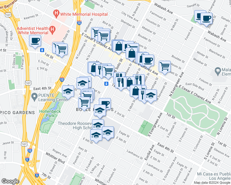 map of restaurants, bars, coffee shops, grocery stores, and more near 124 South Mathews Street in Los Angeles