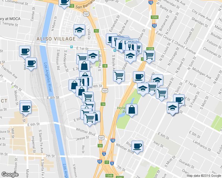 map of restaurants, bars, coffee shops, grocery stores, and more near in Los Angeles