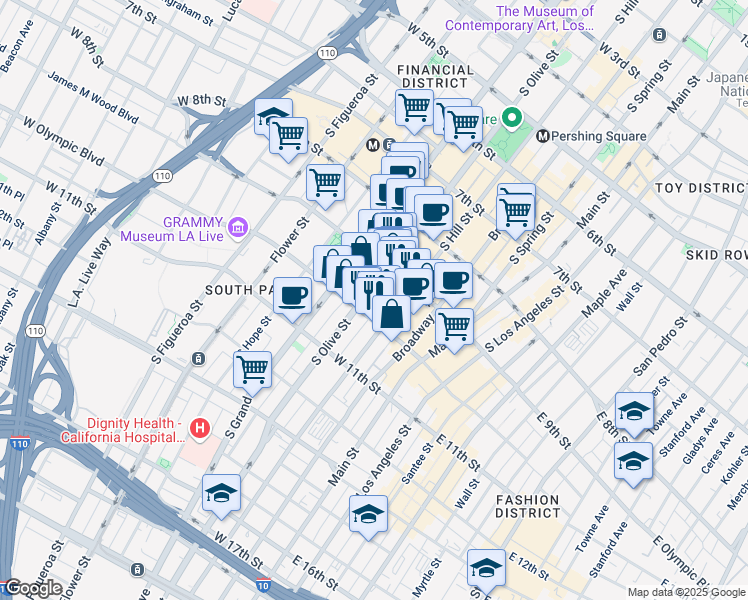 map of restaurants, bars, coffee shops, grocery stores, and more near 939 South Hill Street in Los Angeles