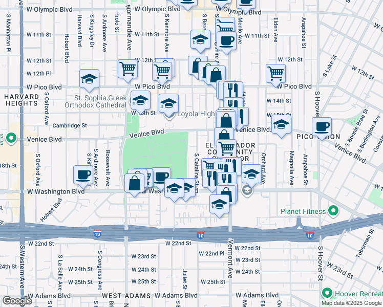 map of restaurants, bars, coffee shops, grocery stores, and more near 1683 South Catalina Street in Los Angeles