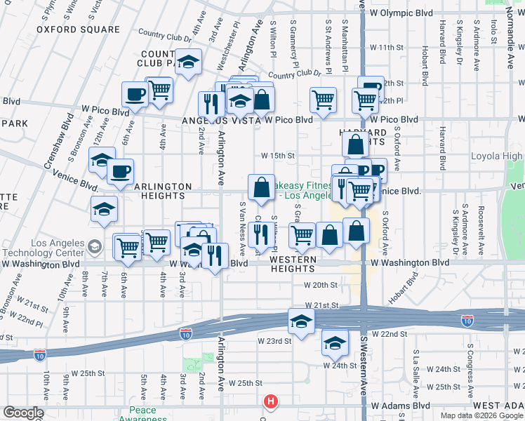 map of restaurants, bars, coffee shops, grocery stores, and more near 1630 Cimarron Street in Los Angeles