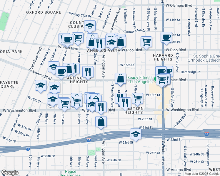 map of restaurants, bars, coffee shops, grocery stores, and more near 1629 South Van Ness Avenue in Los Angeles