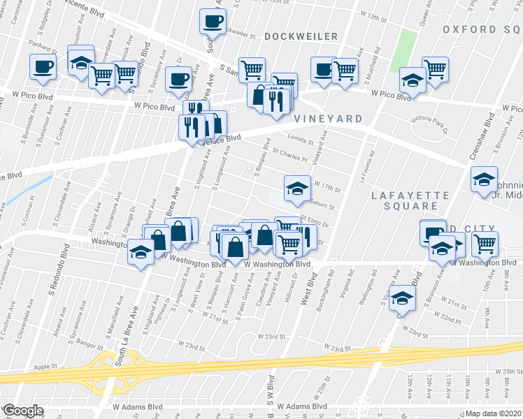 map of restaurants, bars, coffee shops, grocery stores, and more near 4710 Saint Elmo Drive in Los Angeles