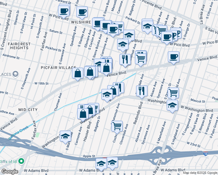 map of restaurants, bars, coffee shops, grocery stores, and more near 1807 South Burnside Avenue in Los Angeles