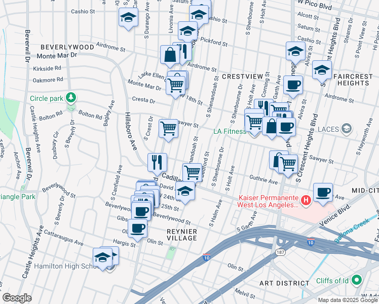 map of restaurants, bars, coffee shops, grocery stores, and more near 1954 South Shenandoah Street in Los Angeles