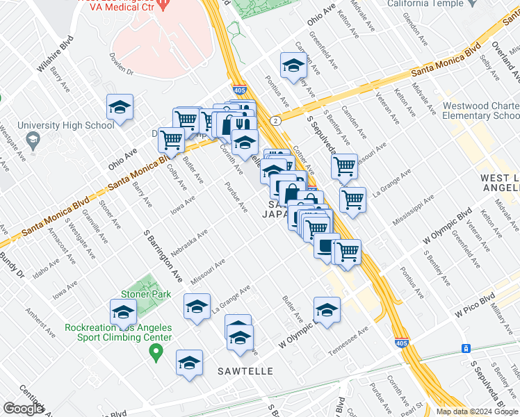 map of restaurants, bars, coffee shops, grocery stores, and more near 1816 Purdue Avenue in Los Angeles