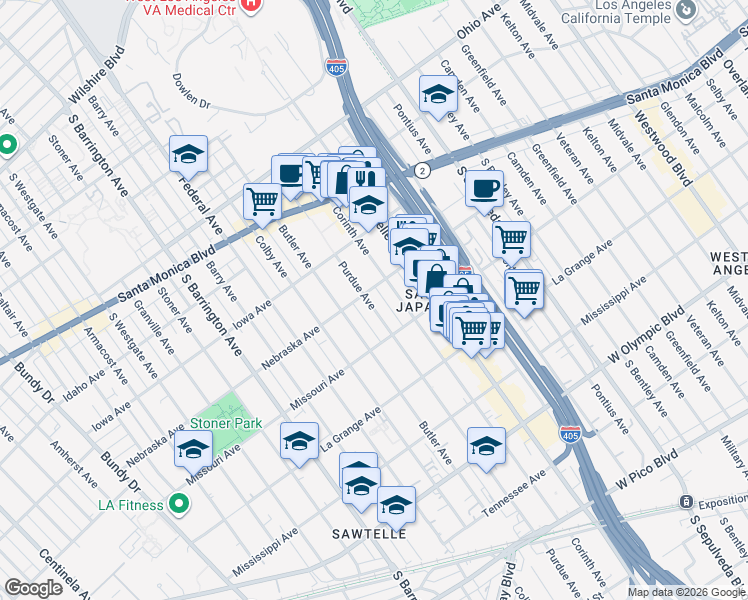 map of restaurants, bars, coffee shops, grocery stores, and more near 1816 Purdue Avenue in Los Angeles