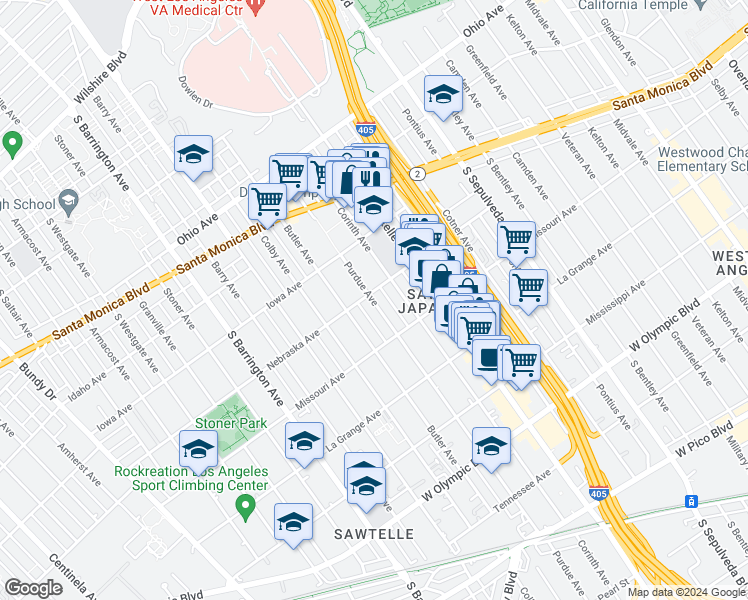 map of restaurants, bars, coffee shops, grocery stores, and more near 1816 Purdue Avenue in Los Angeles