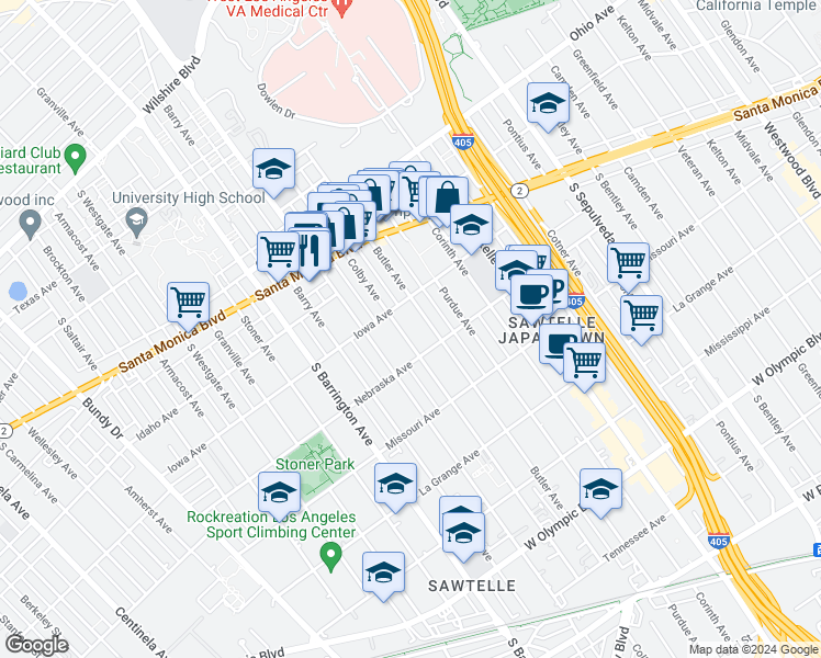map of restaurants, bars, coffee shops, grocery stores, and more near 1724 Colby Avenue in Los Angeles