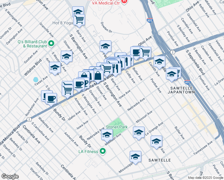 map of restaurants, bars, coffee shops, grocery stores, and more near 11668 Idaho Avenue in Los Angeles