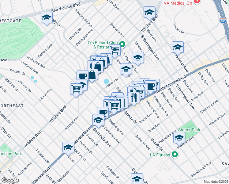 map of restaurants, bars, coffee shops, grocery stores, and more near 12000 Rochester Avenue in Los Angeles