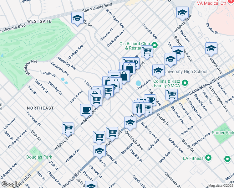 map of restaurants, bars, coffee shops, grocery stores, and more near 12222 Wilshire Boulevard in Los Angeles
