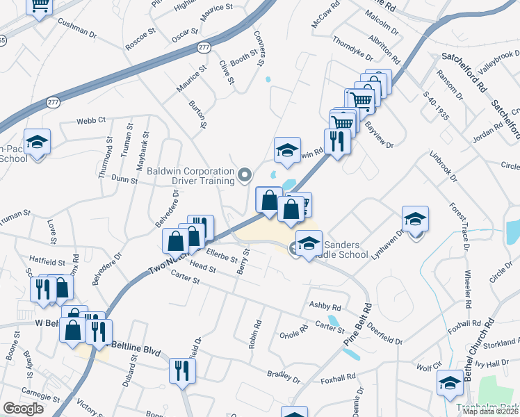 map of restaurants, bars, coffee shops, grocery stores, and more near 3801 Baldwin Road in Columbia